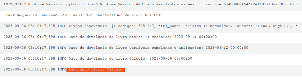 Logs do script rodando e renovando o livro de Cálculo